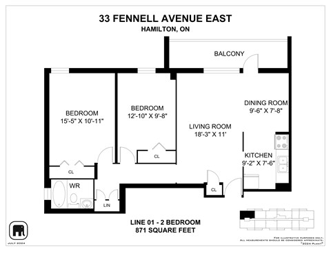Floor plan for 2 beds, 1 bath, 871 sqft